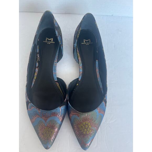 Marc Fisher D’Orsay Blue Gold Floral Pattern Flat Slip On Pointy Toe Shoes 9.5M - Picture 4 of 11